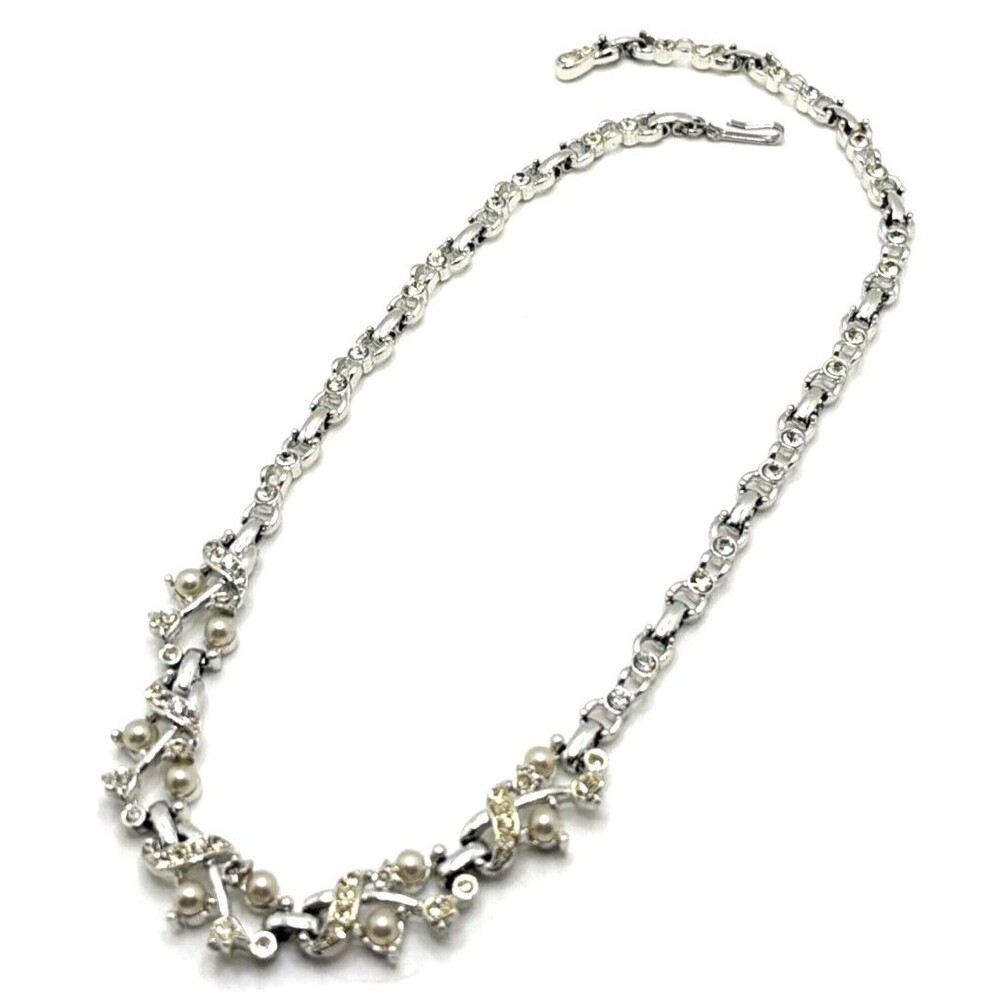 Vintage Faux Pearl Rhinestone Floral Collar Necklace Silver Tone Statement 17"